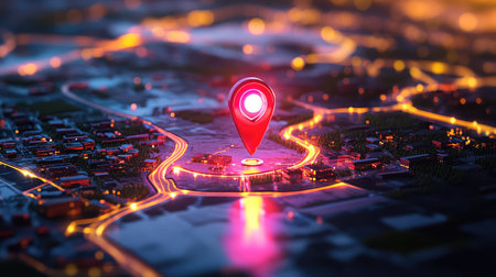 Vibrant 3D illustration of a colorful map pointer positioned over a lively urban landscape at night, showcasing glowing streets and reflections.の素材