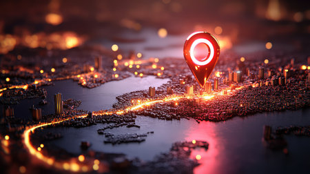 A stunning nighttime view of a city with a bright navigation pin hovering over a waterfront. The scene captures vibrant urban light trails, glimmering water, and modern architecture, perfect for themes of travel, technology, and exploration.の素材