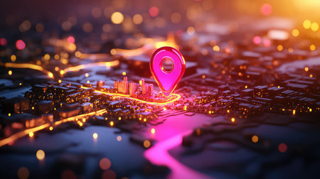 A stunning digital artwork showcasing a vibrant city map illuminated by a neon location marker. The scene captures the essence of urban exploration at dusk.の素材