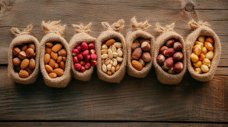 A visually appealing display of assorted nuts presented in small burlap bags on a rustic wooden table. Ideal for promoting healthy snacking options.の素材
