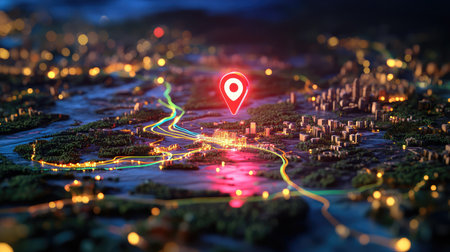 A stunning 3D digital map view showcasing a vibrant night cityscape illuminated by colorful lights, featuring a prominent location pin marking an important spot.の素材