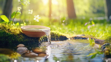 A peaceful scene featuring a gentle stream flowing over mossy stones, illuminated by warm sunlight and surrounded by vibrant wildflowers, perfect for nature lovers.の素材