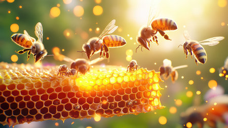 A mesmerizing close-up image of bees actively collecting nectar from a honeycomb, bathed in glowing sunlight. The vibrant scene showcases nature's beauty and the vital role of bees in our ecosystem.の素材