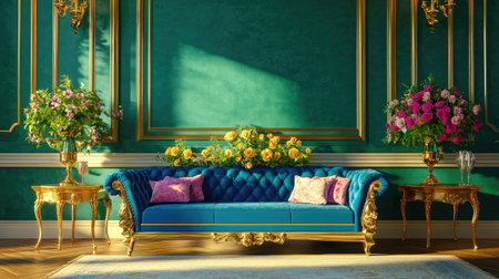 This image features a luxurious vintage living room showcasing a stunning blue sofa surrounded by vibrant floral arrangements. The emerald green walls add depth, while the golden furniture enhances the elegant atmosphere. Perfect for illustrating sophisticated interior design concepts.の素材