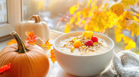 A cozy bowl of oatmeal sits by a window, topped with fresh fruits against a backdrop of warm autumn leaves and a pumpkin, creating a serene morning vibe.の素材