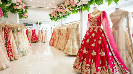 This image captures a beautifully arranged bridal boutique showcasing elegant traditional Indian dresses. The vibrant red gown with intricate embroidery stands out, complemented by floral decor, creating a luxurious shopping experience for brides.の素材