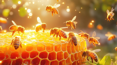 Capture the beauty of nature with this close-up image of honey bees gathering nectar on golden honeycomb, illuminated by soft sunlight.の素材