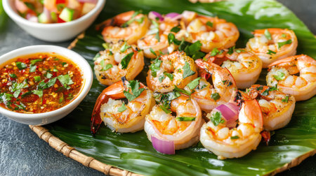 A vibrant presentation of grilled shrimp garnished with fresh herbs served with a spicy dipping sauce, perfect for seafood lovers and gourmet cuisine enthusiasts.の素材