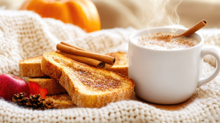Experience the warmth of autumn with a cozy breakfast featuring cinnamon toast and a steaming spiced drink, set on a soft knit blanket.の素材