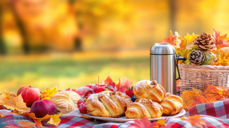 Experience the essence of autumn with a picnic scene featuring fresh pastries, seasonal fruits, and hot beverages surrounded by vibrant fall leaves.の素材
