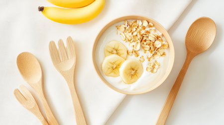 A beautiful, healthy breakfast featuring yogurt topped with sliced banana and granola, accompanied by wooden culinary tools on a serene tabletop.の素材