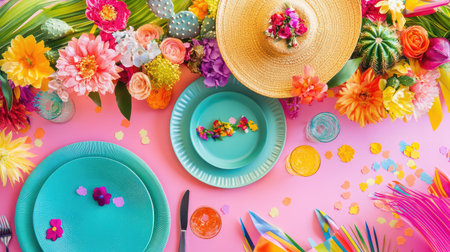 A lively and colorful summer table setting features vibrant flowers, stunning hats, and playful decor, perfect for celebrations and gatherings outdoors.の素材