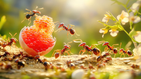 A captivating scene of ants diligently gathering food from a vibrant red gel-like substance amidst a lush green garden, illuminated by soft sunlight.の素材