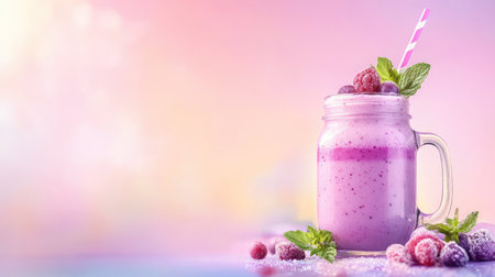 A vibrant berry smoothie served in a mason jar garnished with mint leaves and a straw, perfect for refreshing summer days and artistic presentations.の素材