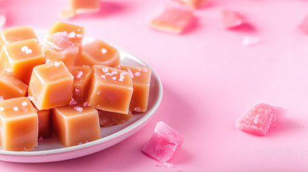 An enticing display of colorful candy cubes on a soft pink background. These delightful sweets feature a playful arrangement with salt sprinkles, perfect for dessert lovers looking to add a touch of fun and sweetness to any occasion.の素材