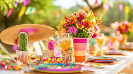 This vibrant outdoor party setup features colorful decorations with fresh flowers, captivating guests in a cheerful garden atmosphere full of joy.の素材