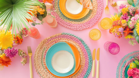 A stunning table setting adorned with vibrant plates, woven placemats, and bright floral arrangements, perfect for summer celebrations and joyful gatherings.の素材