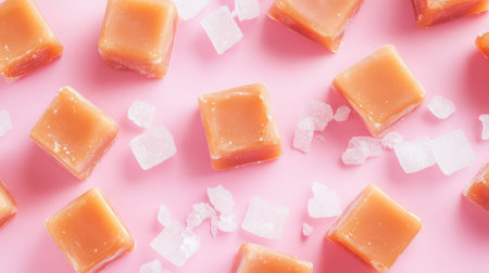 A vibrant arrangement of colorful caramels and sugar cubes on a playful pink background evokes a cheerful and sweet atmosphere, perfect for dessert lovers.の素材