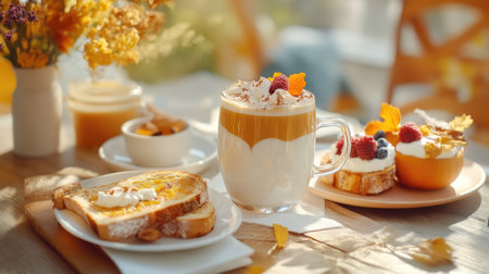 A visually appealing breakfast spread featuring buttered toast, a creamy latte topped with fruit, and colorful desserts, all set in a warm, inviting atmosphere.の素材