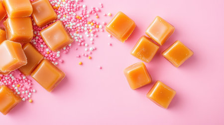 This image features vibrant candy cubes scattered over a pink background, complemented by colorful sprinkles, perfect for dessert themes and sweet treats.の素材