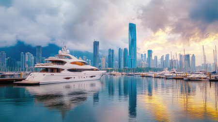 A luxurious yacht rests gracefully in the marina, surrounded by a stunning city skyline under a colorful sunset. The calm waters reflect the beauty of modern architecture.の素材