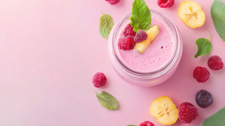 A visually appealing fruit smoothie in a glass jar, featuring raspberries, mint, and banana, presented on a soft pink background for a refreshing aesthetic.の素材