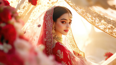 This enchanting portrait captures a bride adorned in stunning traditional attire. The intricate embroidery and exquisite jewelry create a mesmerizing look, enhanced by a floral backdrop and soft sunlight, embodying elegance and joy.の素材