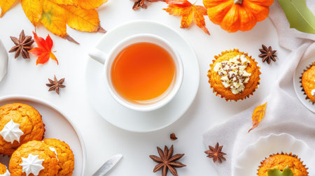 Enjoy a cozy autumn tea time featuring pumpkin treats, colorful leaves, and a warm cup of tea. Perfect for celebrating the fall season.の素材