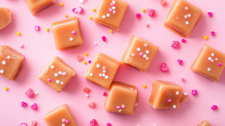 Explore a vibrant arrangement of colorful caramel candies adorned with sprinkles, perfect for festive celebrations, parties, or dessert tables.の素材
