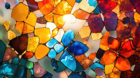 This vibrant stained glass mosaic features an array of floral patterns, showcasing bright colors illuminated by natural sunlight, creating a stunning visual impact.の素材