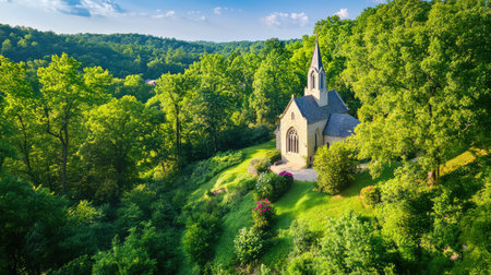 A charming country church nestled among verdant trees, offering a tranquil escape. This picturesque scene showcases nature's beauty and peaceful surroundings.の素材