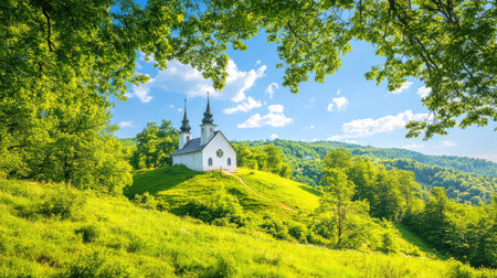 This captivating image shows a serene white church perched on a lush green hill, embraced by vibrant trees under a bright blue sky. Perfect for travel and nature themes.の素材