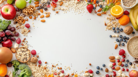 A vibrant display of various fresh fruits, nuts, and grains arranged neatly on a light background, promoting healthy eating and nutrition ideas.の素材