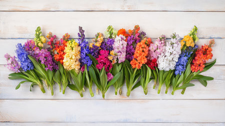 A stunning arrangement of vibrant flowers showcasing various colors on a rustic wooden background. Perfect for adding a touch of nature to spring or summer themes.の素材