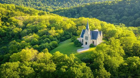 This stunning aerial photograph captures a classic church nestled among vibrant green trees, creating a peaceful and serene landscape ideal for reflection.の素材
