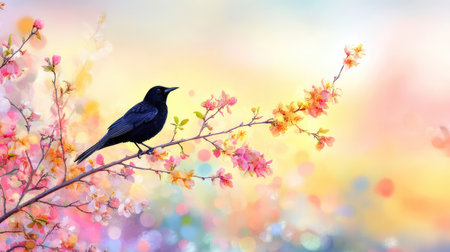 A striking black bird perches on a delicate blooming branch, surrounded by a vibrant display of colorful blossoms. The soft pastel background adds a dreamy quality, inviting a sense of tranquility and beauty in nature. Perfect for themes of spring and wildlife.の素材