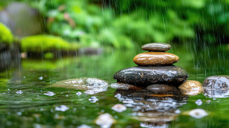 A serene nature scene featuring a stack of smooth stones resting in calm water, surrounded by lush greenery and gentle rainfall. Perfect for promoting relaxation.の素材