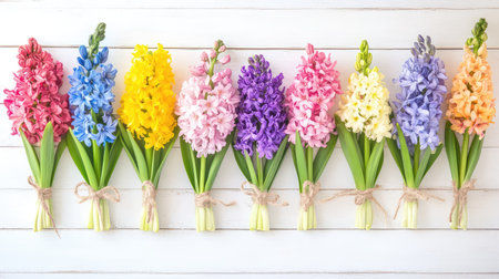 A beautiful array of colorful hyacinth flowers arranged in vibrant bunches set against a white wooden background, perfect for spring decoration.の素材