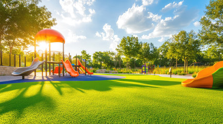 A bright and welcoming playground scene with colorful slides and soft green turf, capturing the essence of outdoor fun and recreation on a sunny day.の素材
