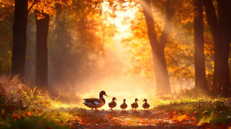 A serene autumn scene showcasing a group of ducks walking along a misty forest pathway. Surrounded by vibrant foliage, the landscape radiates tranquility and beauty.の素材