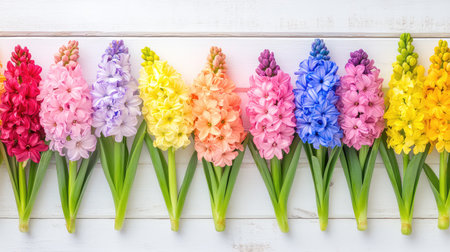 A stunning array of vibrant hyacinth flowers in various shades creates a beautiful display on a rustic wooden surface, perfect for springtime decor.の素材