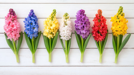 A stunning arrangement of hyacinth flowers in various vibrant colors displayed on a rustic wooden surface, perfect for springtime decor and floral inspiration.の素材