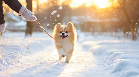 A cheerful dog joyfully runs through a snowy path, surrounded by falling snowflakes and a glowing sunset, showcasing the beauty of winter.の素材