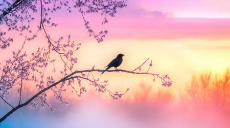 A stunning silhouette of a bird perched on a branch, set against a mesmerizing pastel sunrise sky. This tranquil scene captures the essence of nature's beauty and serenity.の素材