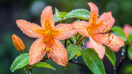 Vibrant orange lilies adorned with sparkling water droplets create a stunning garden scene, capturing the essence of nature's beauty and freshness.の素材