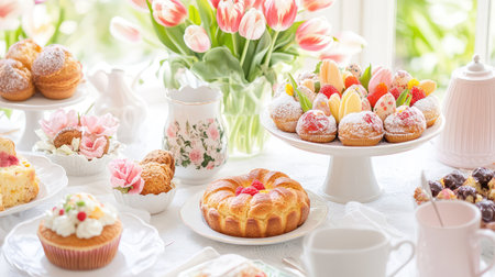 A beautifully arranged dessert table featuring various pastries, cupcakes, and fresh flowers, perfect for spring celebrations and joyful gatherings.の素材