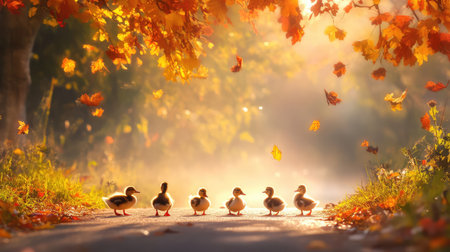 A serene autumn scene captures ducks walking on a peaceful pathway, surrounded by vibrant leaves and soft sunlight, creating an enchanting atmosphere.の素材