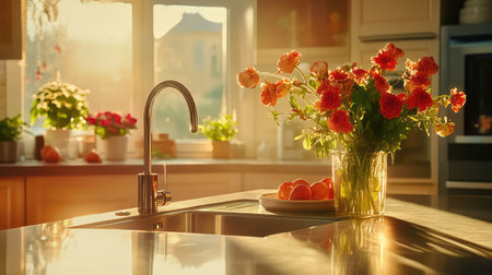 A bright kitchen scene showcasing a vase of fresh flowers on the countertop alongside a bowl of oranges, enveloped in warm sunlight.の素材