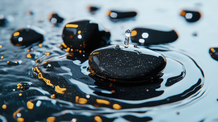 A captivating close-up image featuring a water droplet falling onto a smooth black stone, creating gentle ripples and reflections, evoking tranquility and beauty.の素材