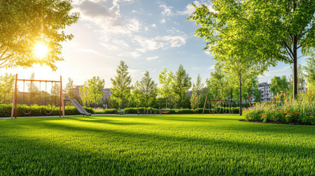 A picturesque park scene showcasing lush green grass, playful swings, and vibrant trees bathed in warm sunlight under a clear blue sky.の素材